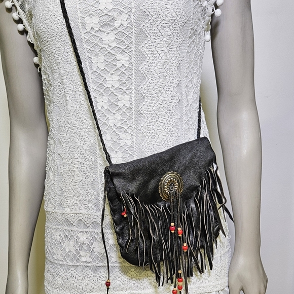 Vintage Soft Leather Fringe Crossbody Purse  w/ Beads - Picture 8 of 12